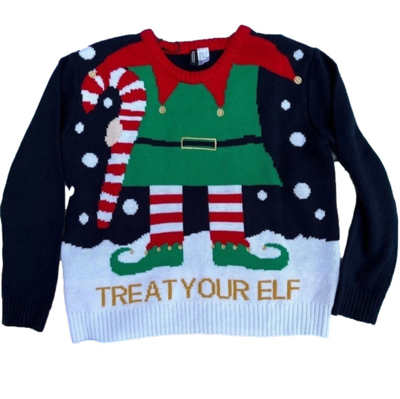 𝅺h & M DIVIDED Christmas Holiday Ugly Sweater Treat Your Elf size M - Picture 1 of 5